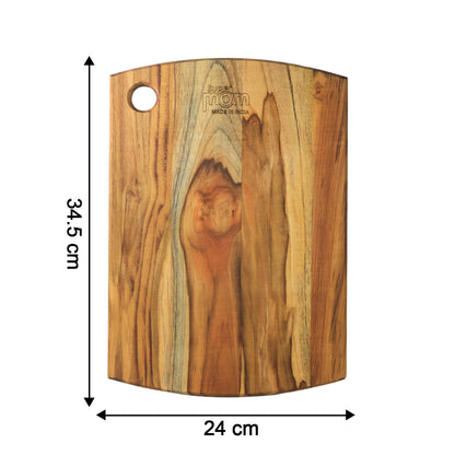 Wukusy Supermom premium teak wood chopping board for kitchen, natural finish, rectangular shape, smooth surface, sturdy and durable.