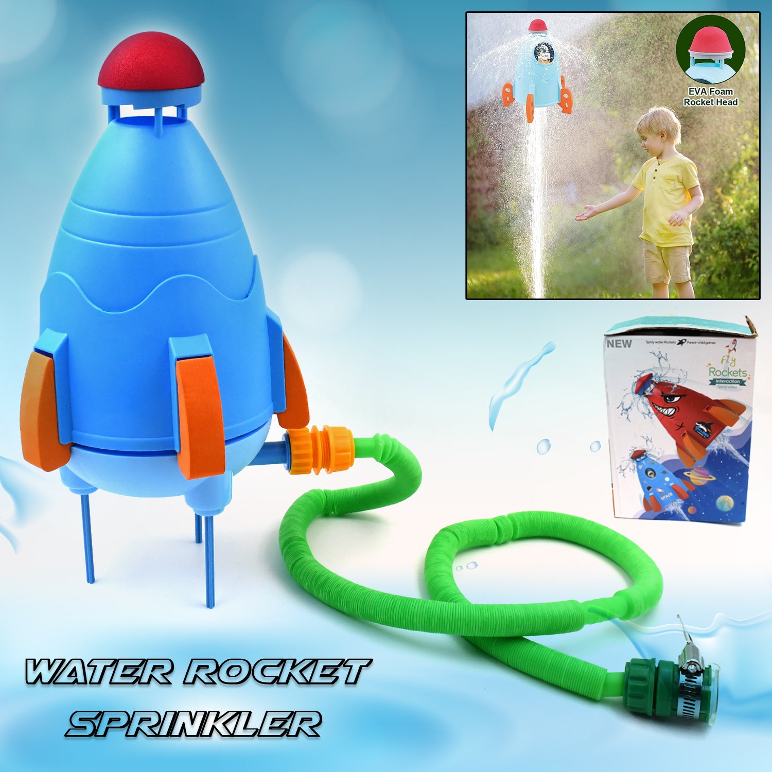 Wukusy garden sprinkler rocket launcher toy set for kids, featuring colorful rocket-shaped water sprayers for summer outdoor fun.
