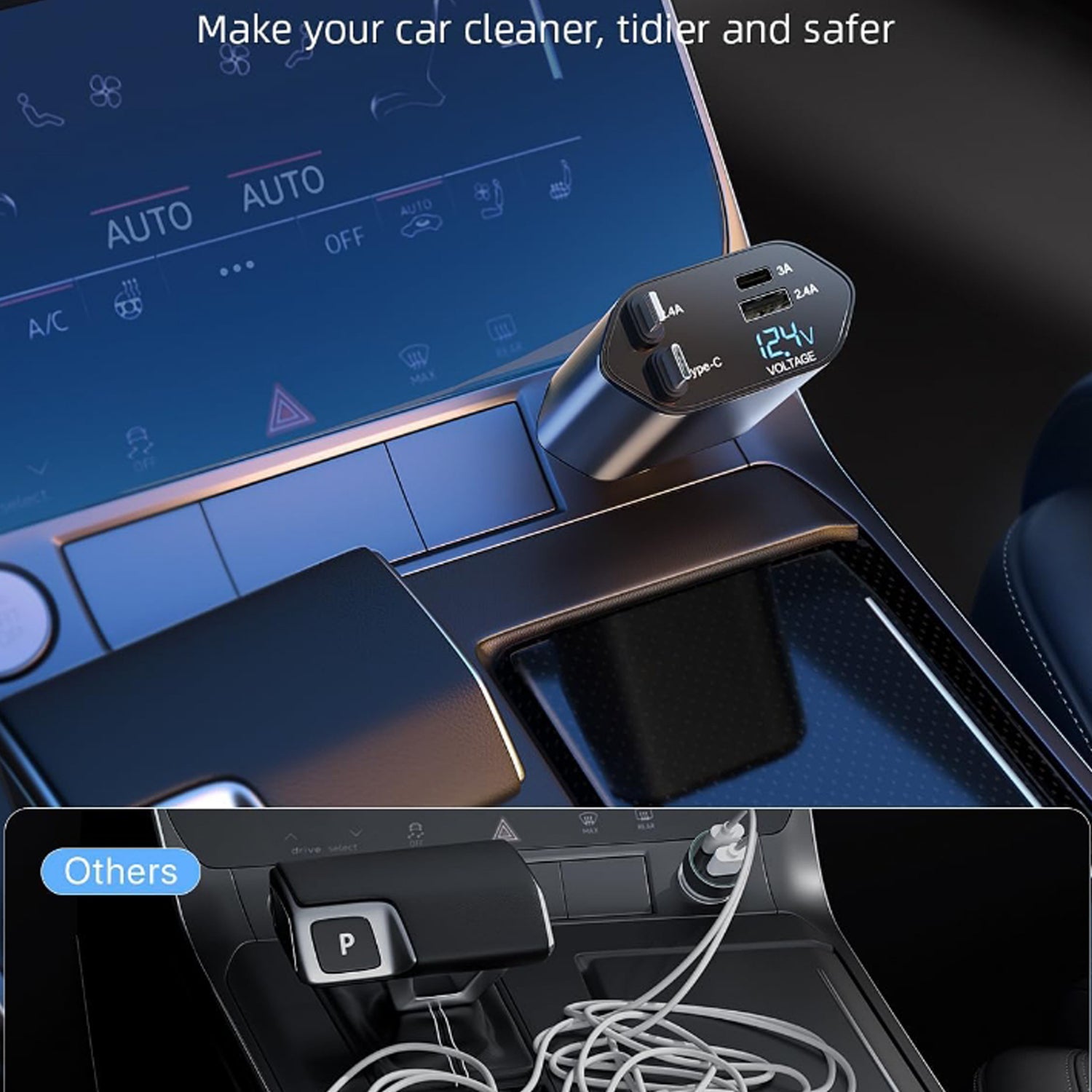 Wukusy 4-in-1 super fast car charger with dual USB ports and built-in cables, designed for mobile device charging in vehicles