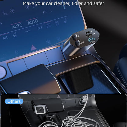 Wukusy 4-in-1 super fast car charger with dual USB ports and built-in cables, designed for mobile device charging in vehicles