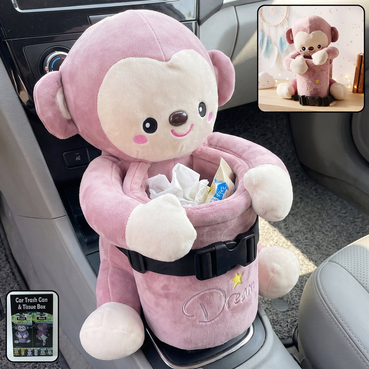 Wukusy plush monkey car trash can and tissue box holder, cute dustbin organizer with soft fabric and storage pockets for vehicle use