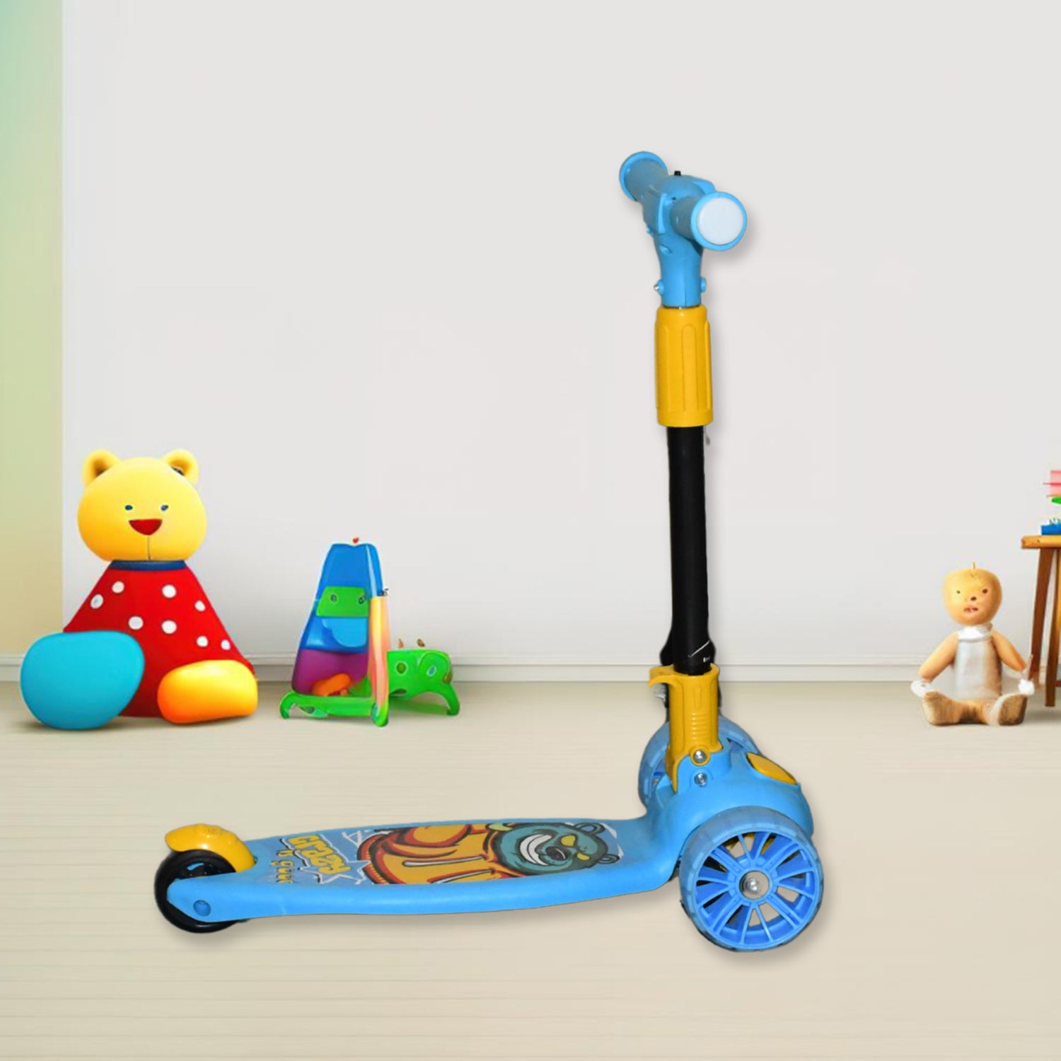 Wukusy jumbo kids' scooter with two wheels, steel frame, foldable design, and adjustable height for children.