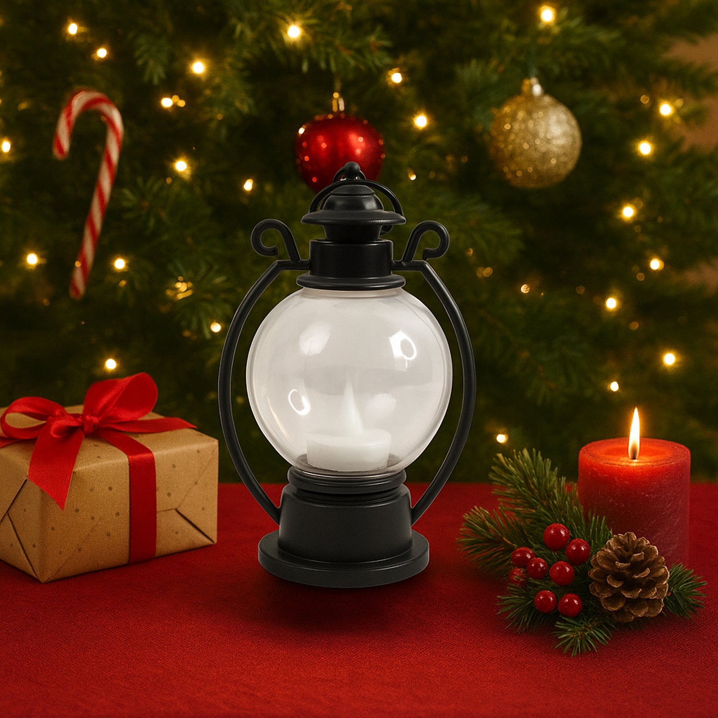 Wukusy LED storm lantern decorative light, black metal outdoor lantern with handle and glass panels, suitable for patio or garden decor.