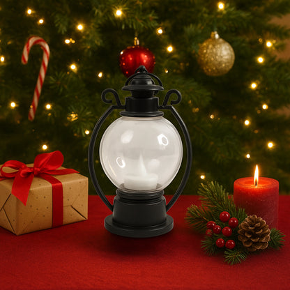 Wukusy LED storm lantern decorative light, black metal outdoor lantern with handle and glass panels, suitable for patio or garden decor.