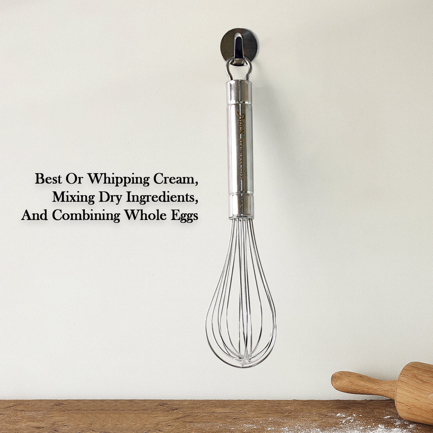 Wukusy Apex stainless steel small hand whisk for home kitchen, with a sleek handle and multiple wire loops for mixing and whisking.