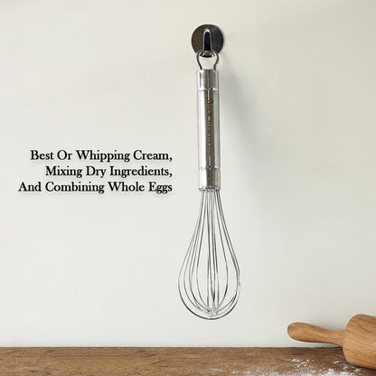 Wukusy Apex stainless steel small hand whisk for home kitchen, with a sleek handle and multiple wire loops for mixing and whisking.