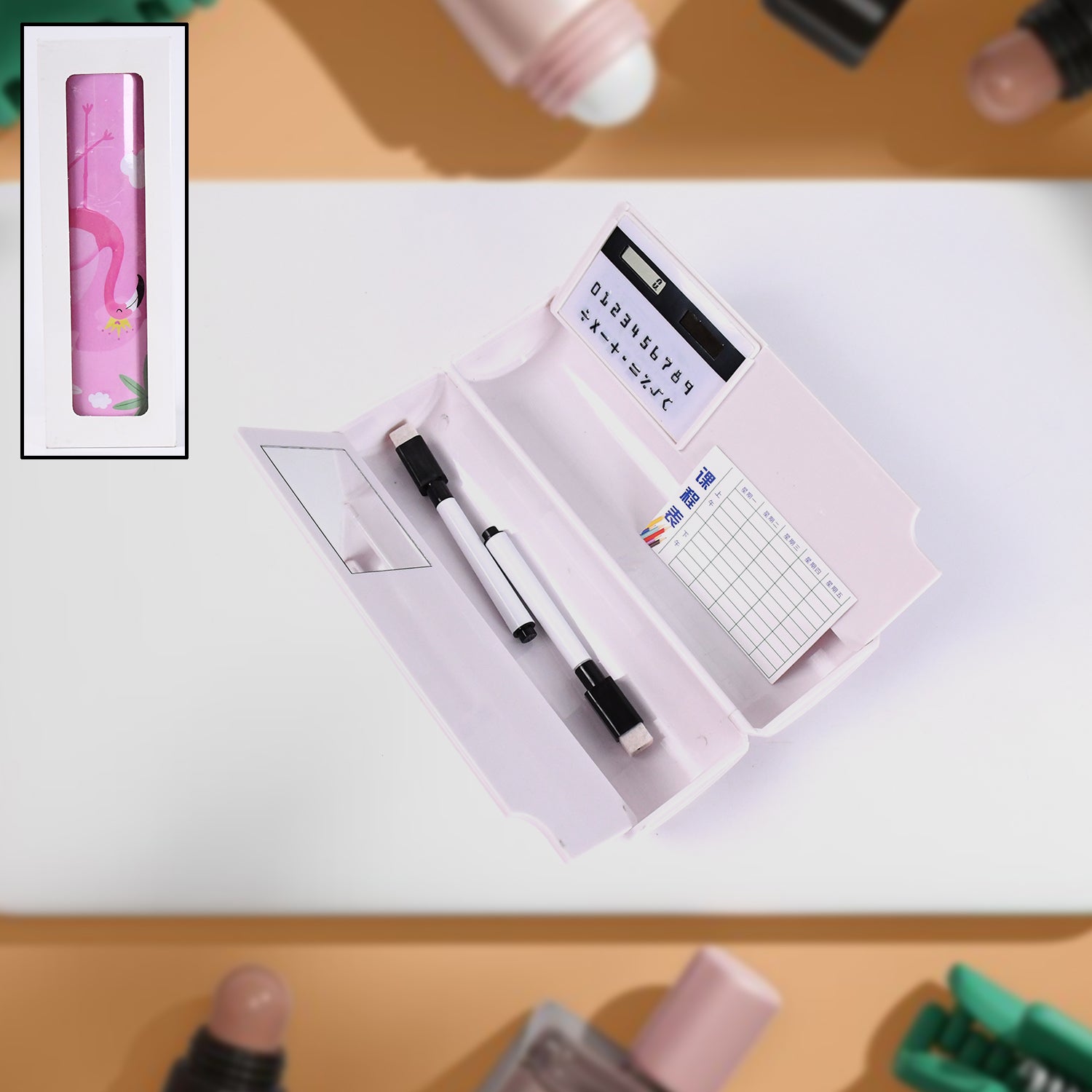 Wukusy 8-in-1 compass and geometry box with two compartments, pencil, calculator, mirror, and markers in a plastic art pencil box.