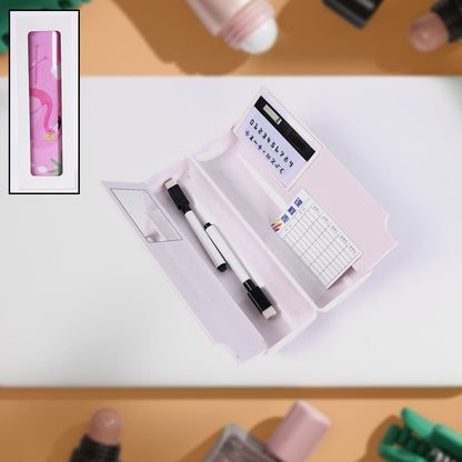 Wukusy 8-in-1 compass and geometry box with two compartments, pencil, calculator, mirror, and markers in a plastic art pencil box.
