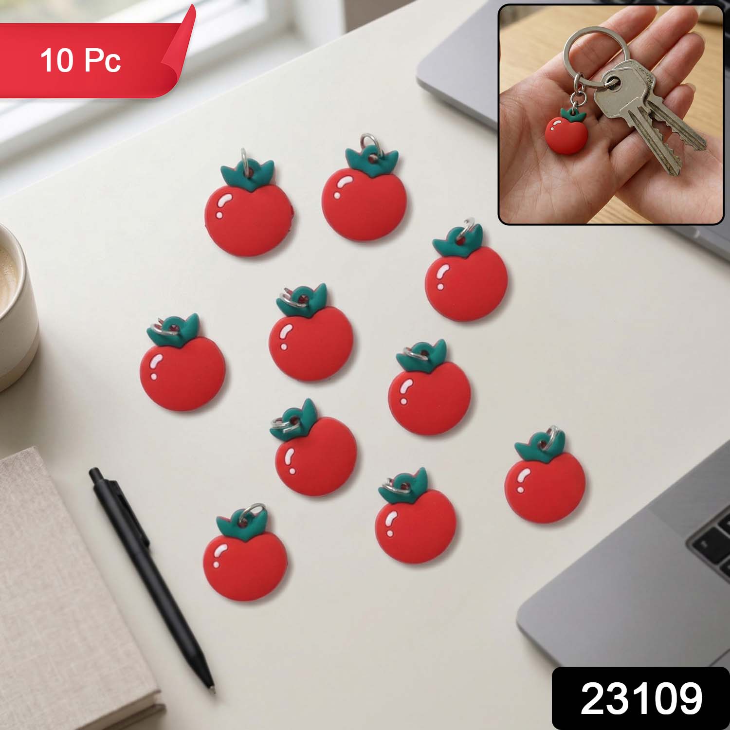 Set of 10 Wukusy red apple-shaped bag charm keychains featuring cute, vibrant apple designs for bags or keys.
