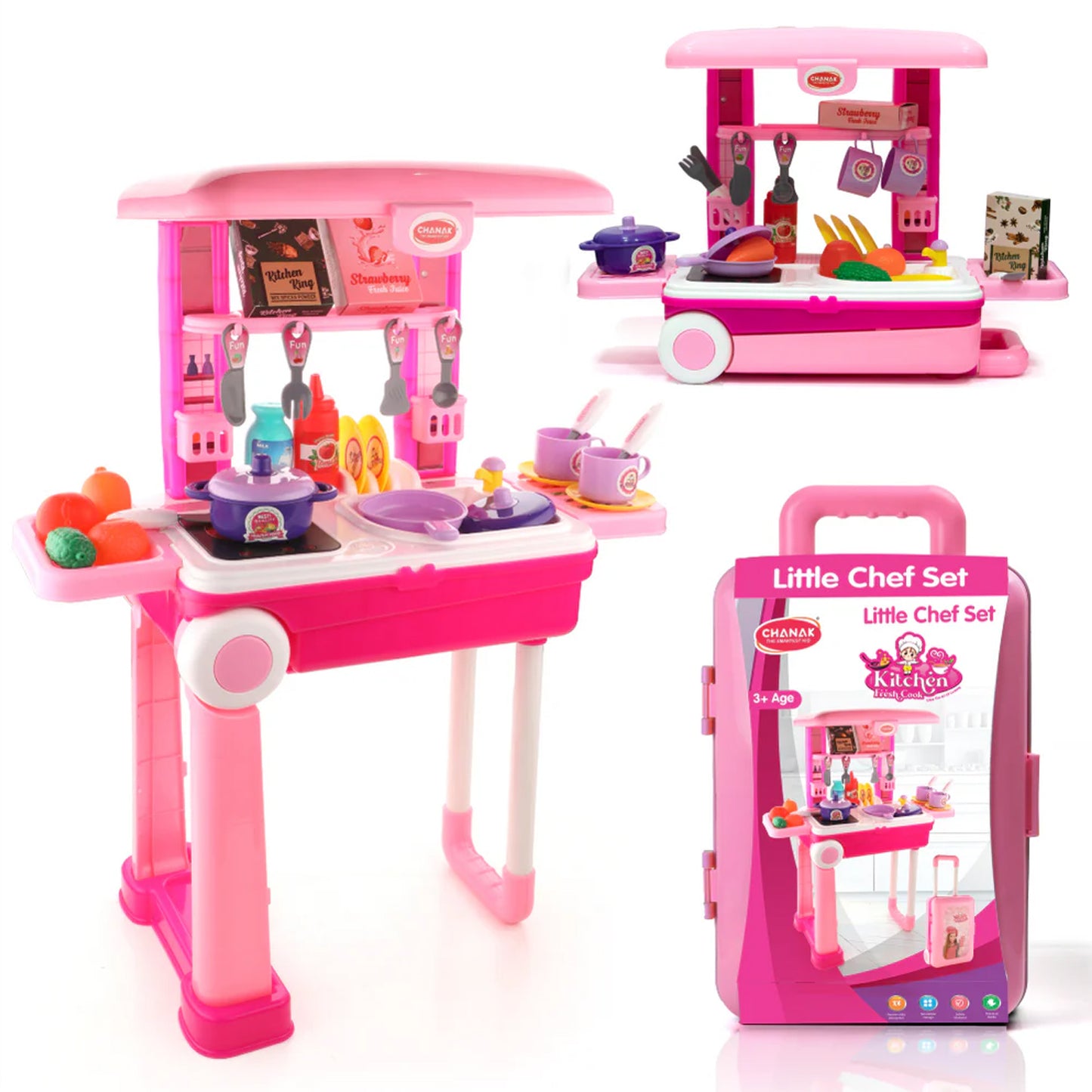 Wukusy 3-in-1 kids' kitchen playset with toy utensils and accessories in a portable suitcase for pretend play.