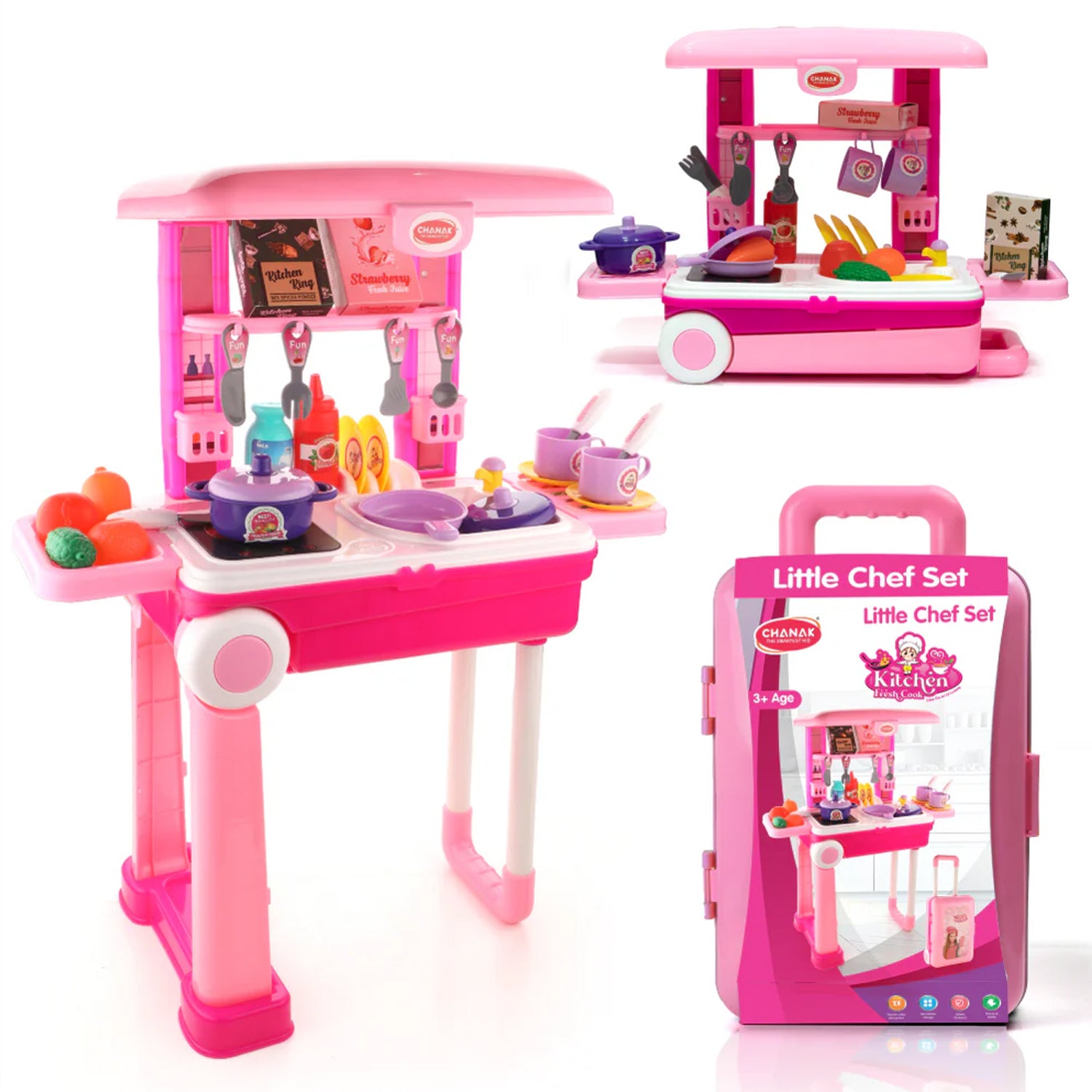 Wukusy 3-in-1 kids' kitchen playset with toy utensils and accessories in a portable suitcase for pretend play.