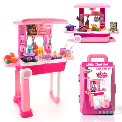 Wukusy 3-in-1 kids' kitchen playset with toy utensils and accessories in a portable suitcase for pretend play.