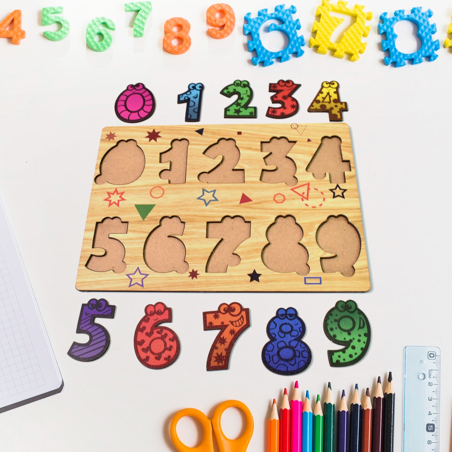 Wooden number puzzle educational toy by Wukusy, featuring colorful numbered pieces on a wooden board for learning and play.