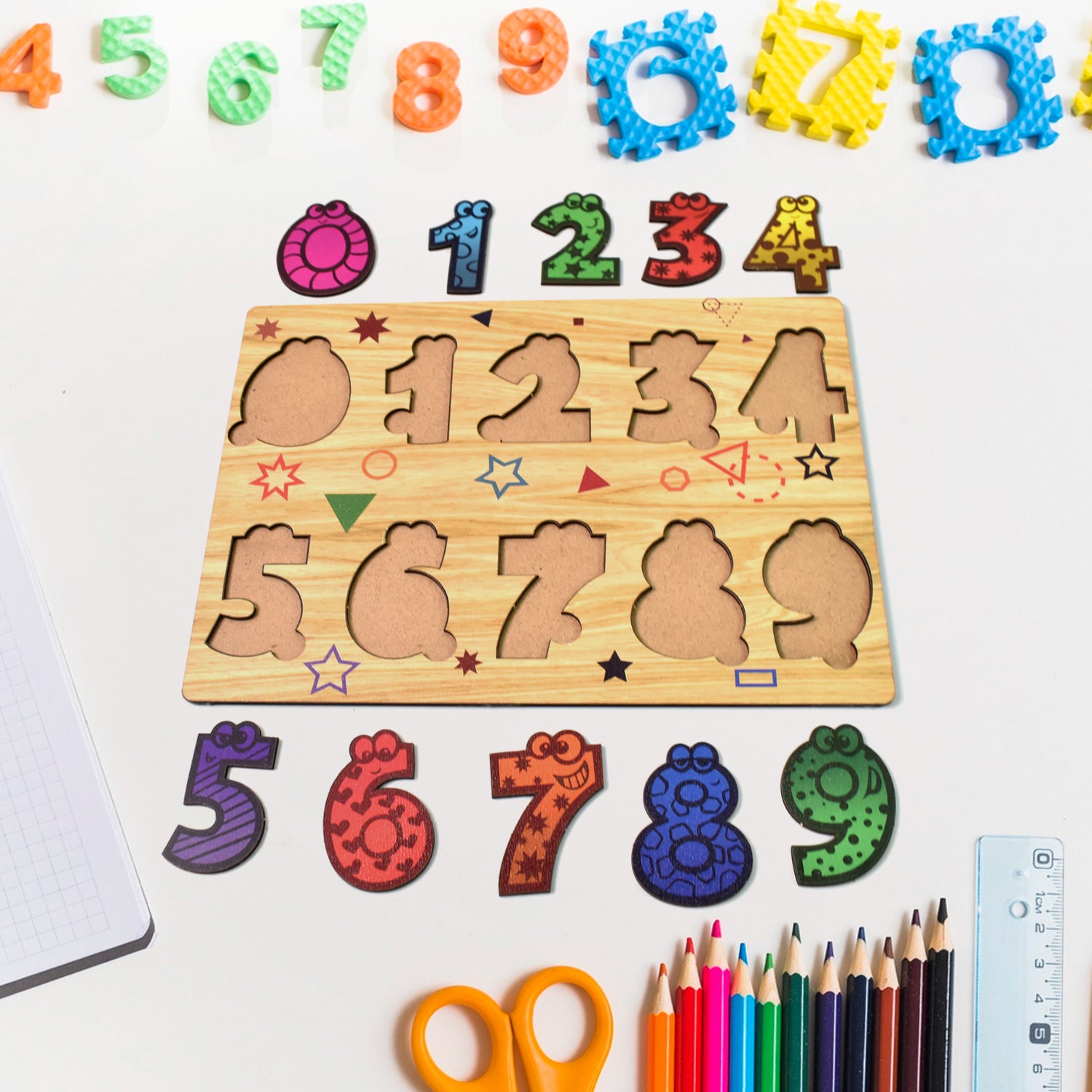 Wooden number puzzle educational toy by Wukusy, featuring colorful numbered pieces on a wooden board for learning and play.