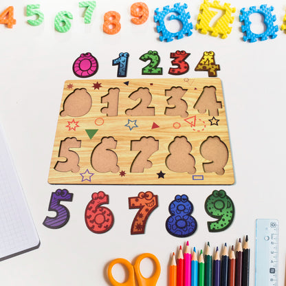 Wooden number puzzle educational toy by Wukusy, featuring colorful numbered pieces on a wooden board for learning and play.