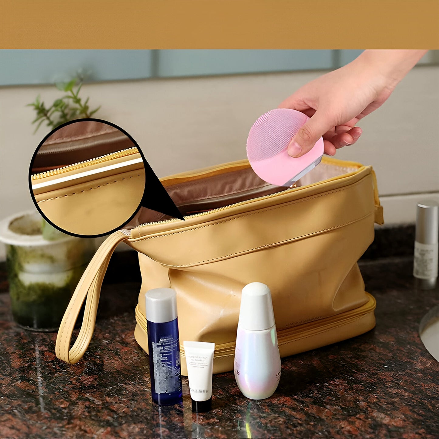 Travel Wukusy spacious cosmetic makeup storage bag with multiple compartments, ideal for organizing beauty products on the go.