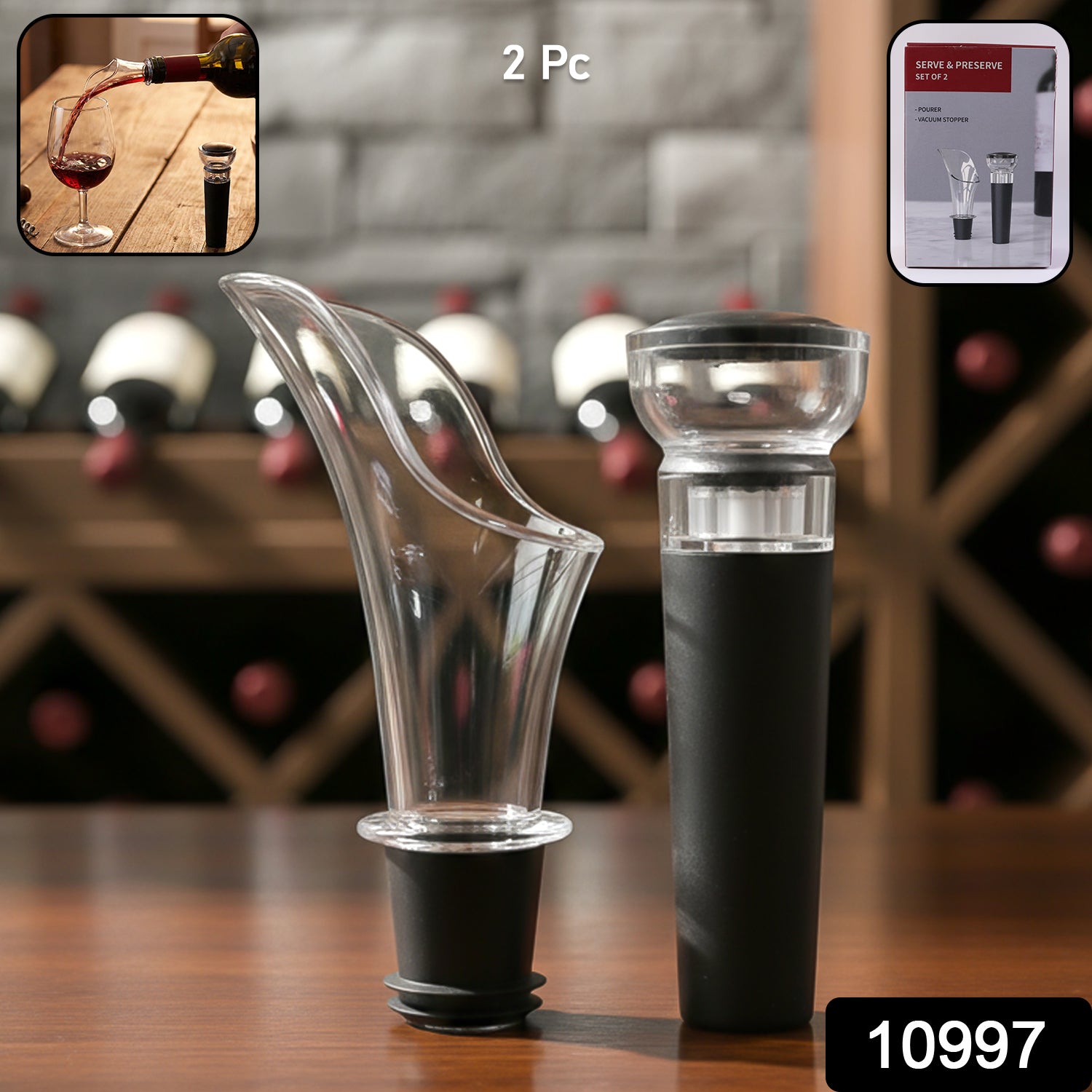 Wukusy premium wine pourer and vacuum bottle stopper set, including two stainless steel pourers and stoppers for wine preservation.