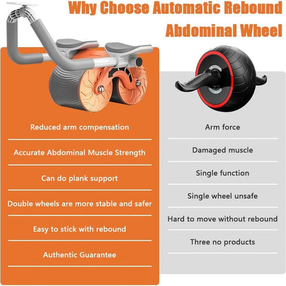 Wukusy 6055 automatic rebound abdominal wheel with double wheels, knee mat holder, timer, and elbow support for core fitness training.