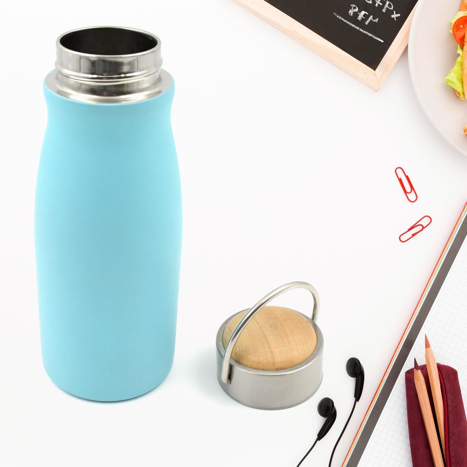 Wukusy 360ml stainless steel water bottle with handle, leak-proof, rust-proof, BPA-free, ideal for hot or cold drinks at home or gym.