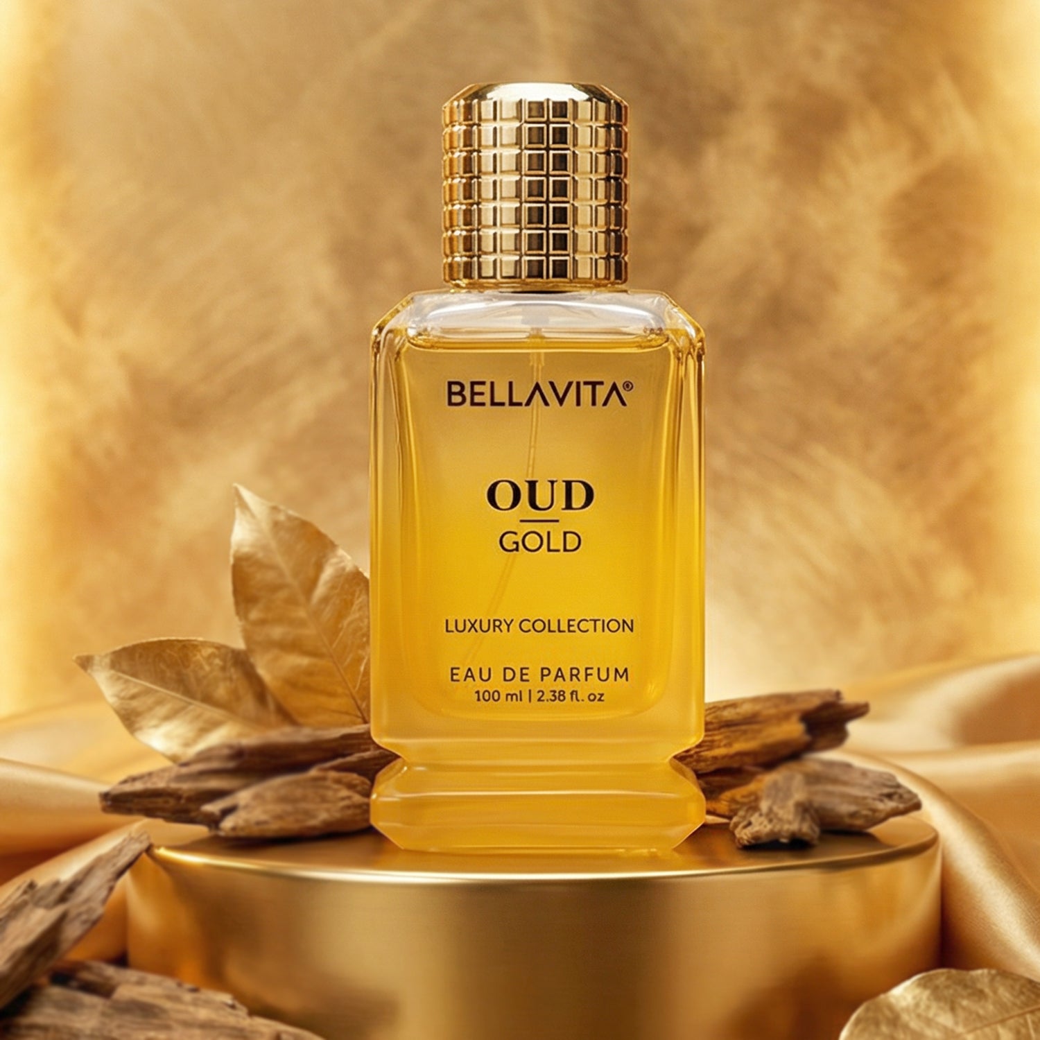Bellavita Premium Oud Gold luxury perfume bottle by Wukusy, 100ml, elegant gold design with intricate detailing.