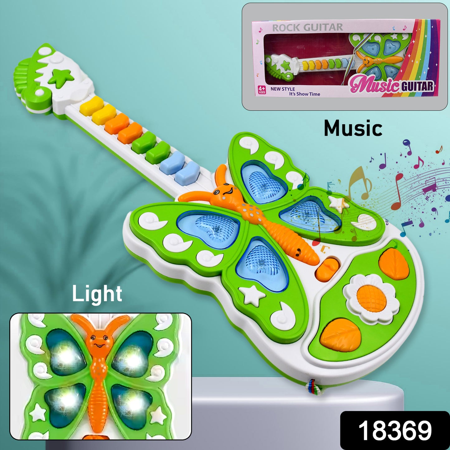 Wukusy butterfly guitar toy with colorful lights and music, designed for children, battery not included, features a playful butterfly shape.