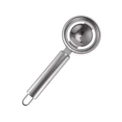 Wukusy stainless steel egg yolk and white separator tool with funnel and spoon for kitchen egg separation.