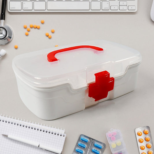 Wukusy 3-compartment medical box with transparent lid, detachable tray, handle, and colorful outdoor indoor medicine storage for first aid.