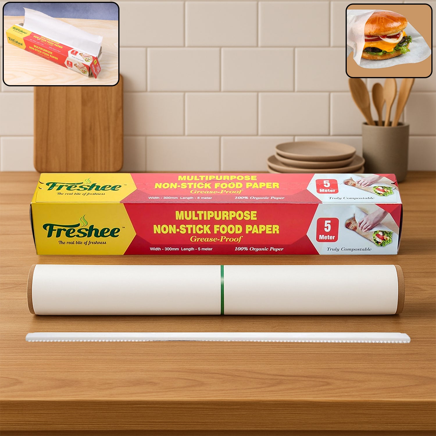 Wukusy Freshee multipurpose grease-proof non-stick food paper roll, 300mm x 5 meters, ideal for kitchen food prep and wrapping.