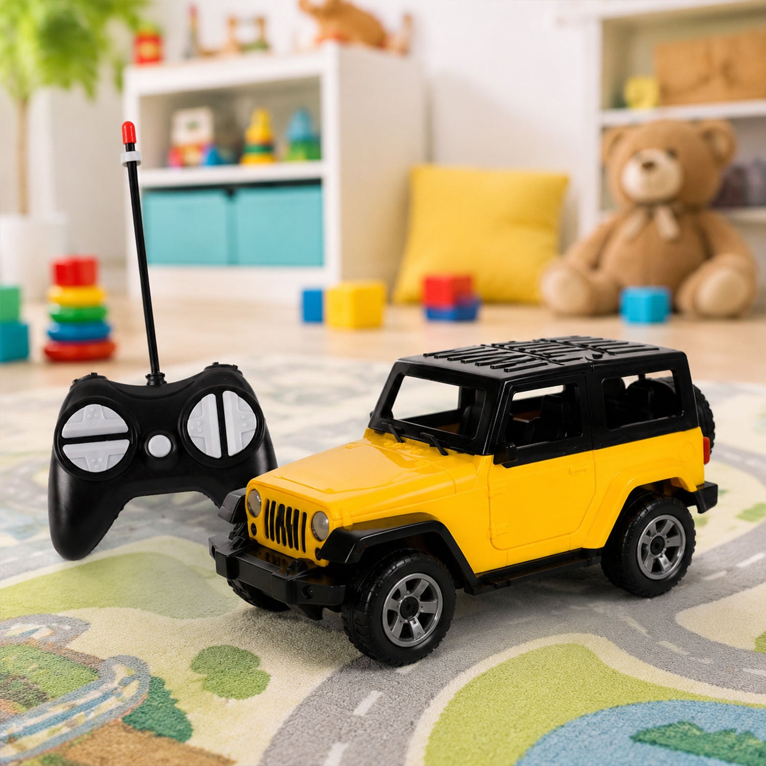 Wukusy 4x4 RC off-road Jeep toy car for kids, black and red remote-controlled toy vehicle on rugged terrain, birthday gift for boys