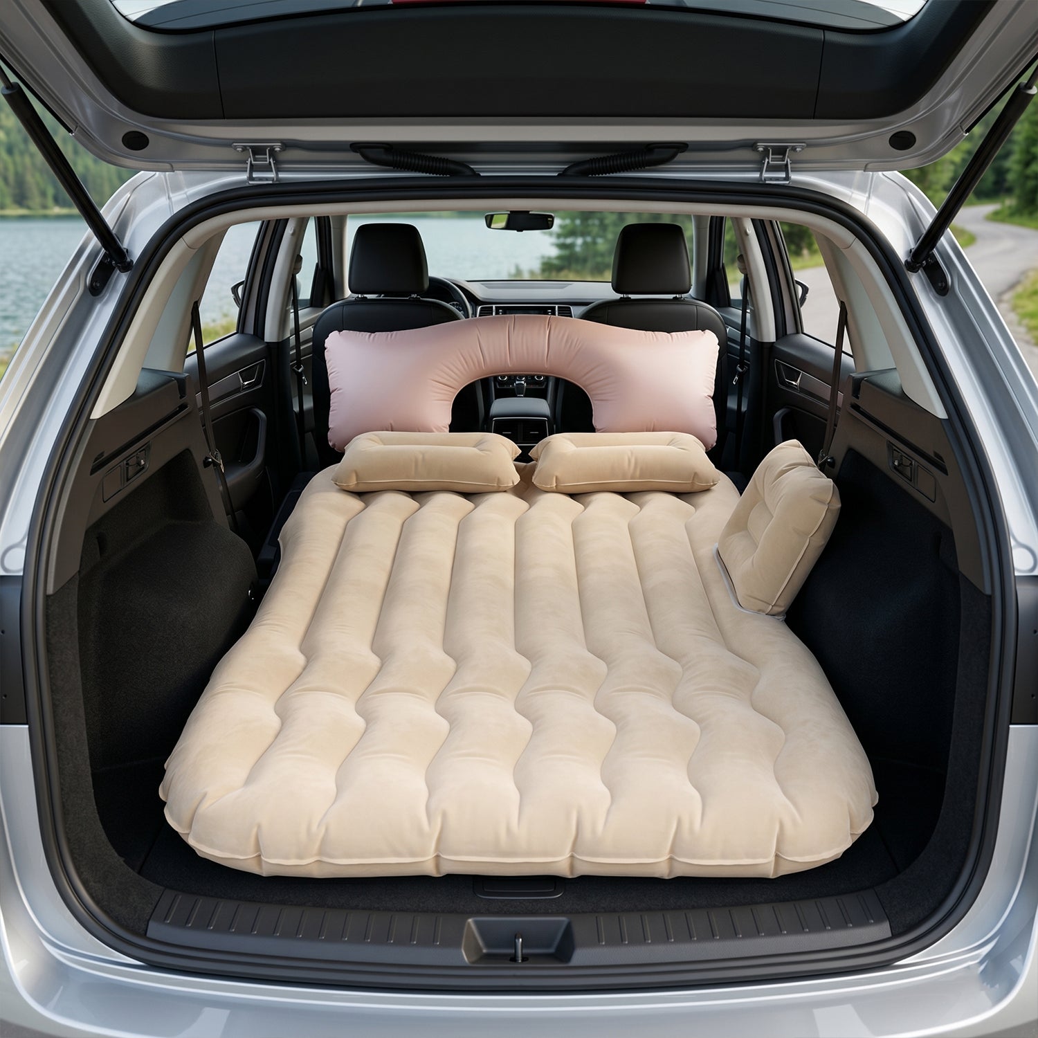 Wukusy car air mattress bed set with inflatable pillows and cushions, featuring a mix of designs for comfortable travel and camping.