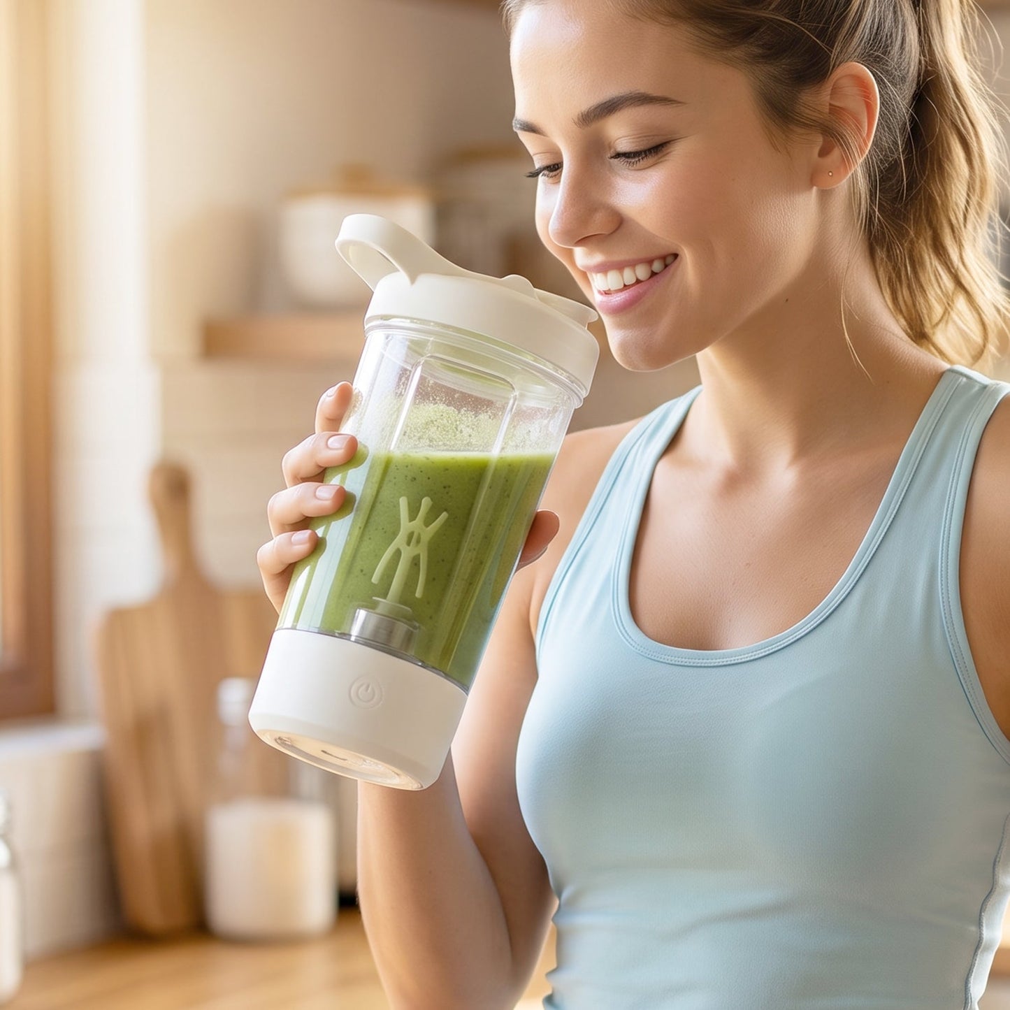 Wukusy 400ml USB rechargeable electric self-stirring protein shaker bottle with clear body and black lid, showing mixing inside