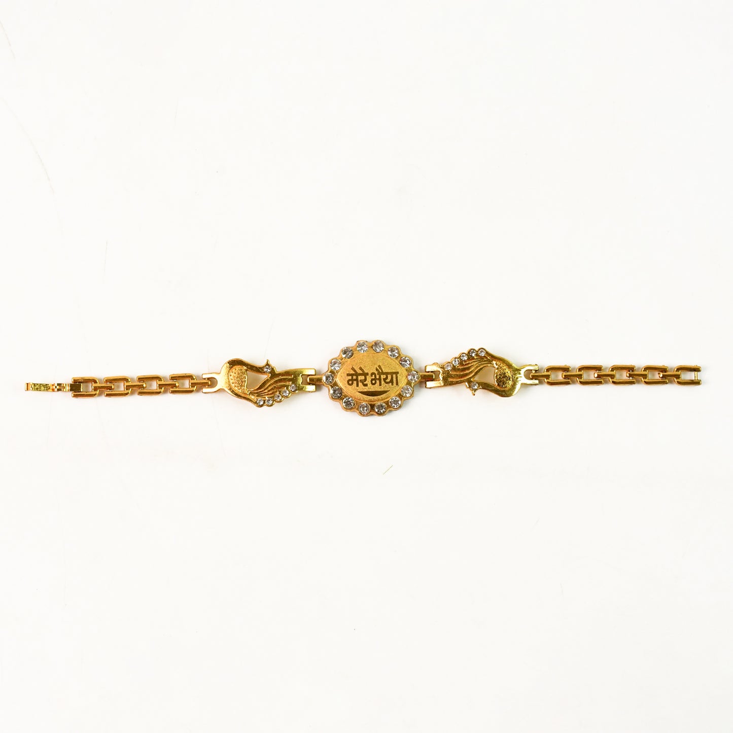 Wukusy bracelet with stone border and dual peacock chain ends, traditional Rakhi for festive occasions.
