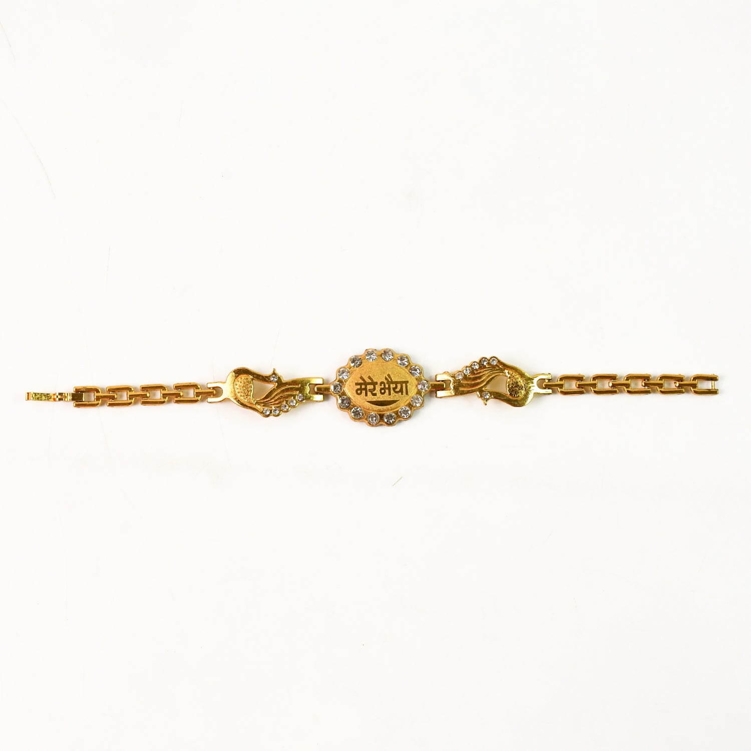 Wukusy bracelet with stone border and dual peacock chain ends, traditional Rakhi for festive occasions.