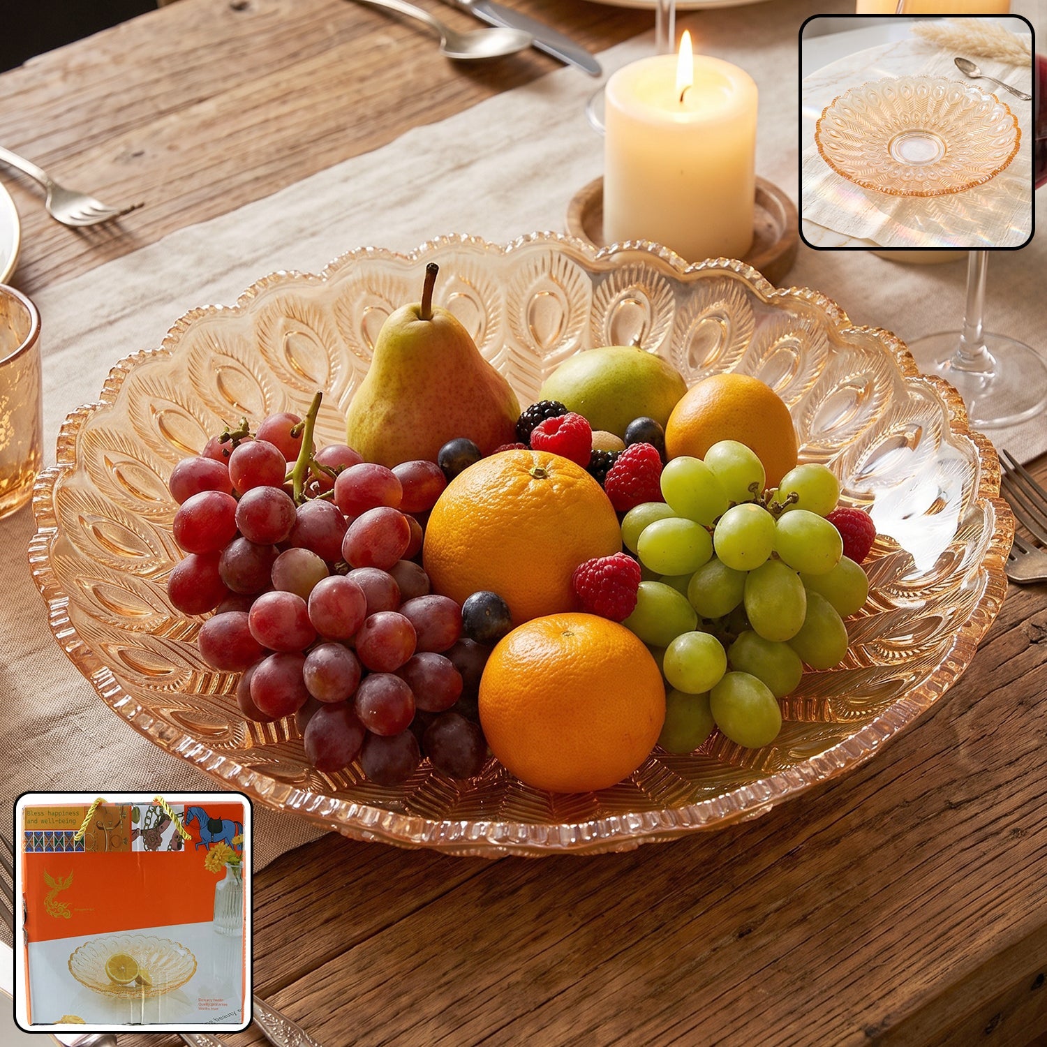 Wukusy glass round serving plate, 23x23 cm, decorative fruit snack platter, clear and elegant for serving appetizers or desserts