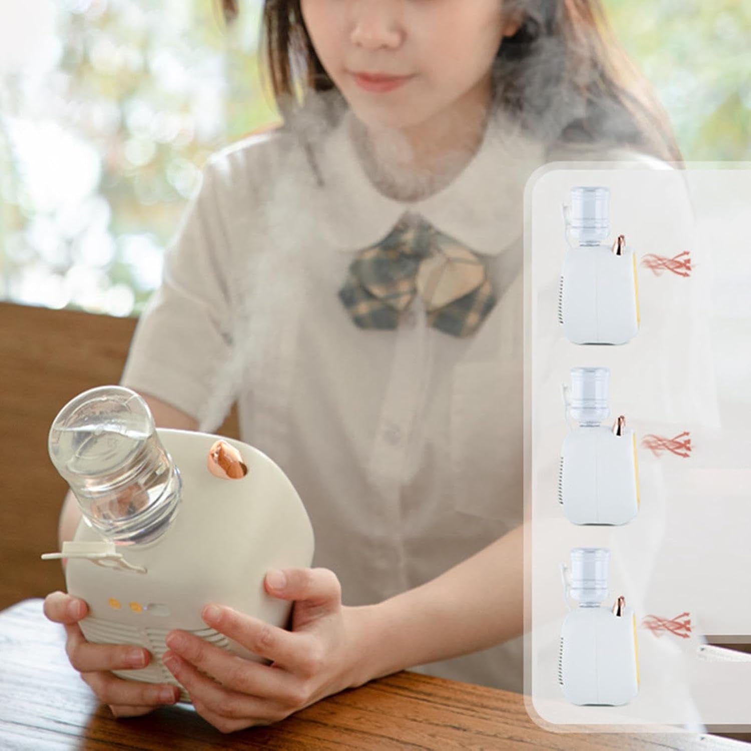 Wukusy portable mini air cooler fan with spray mist function, compact device with adjustable vents and mist spray for cooling.