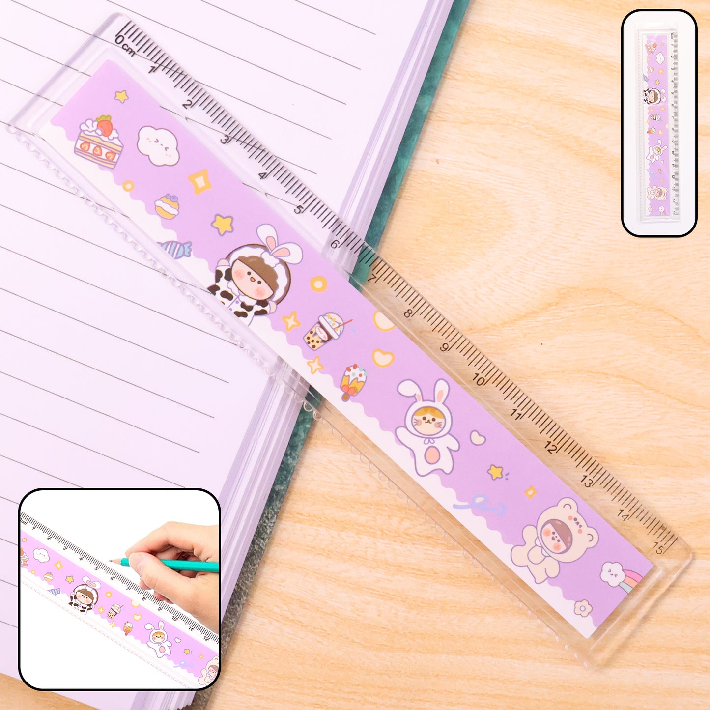 Wukusy premium cute cartoon plastic ruler for kids, colorful office measurement tool with playful design, 1-piece set