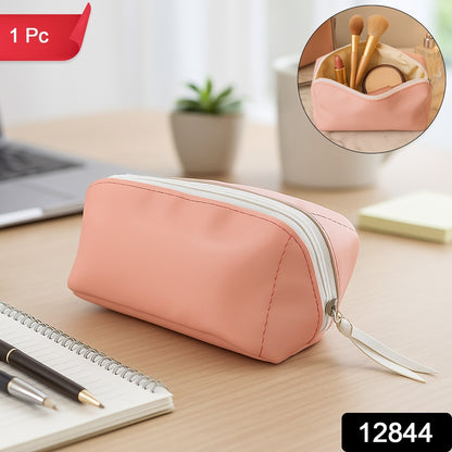 Wukusy PU leather cosmetic pencil pouch with zipper in beige, stylish storage for makeup or small accessories.
