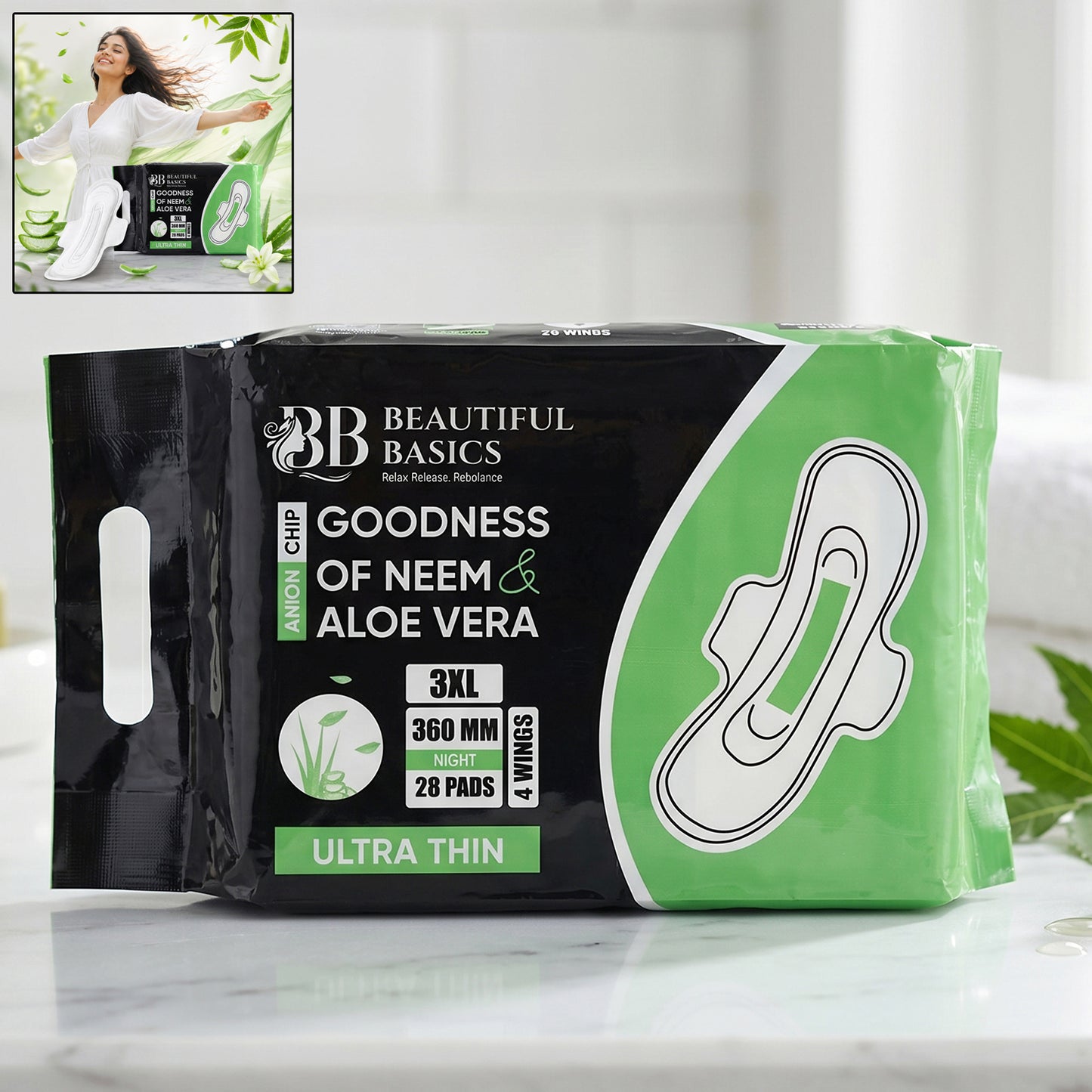 Wukusy Beautiful Basics Neem Aloe Vera Sanitary Pads 3XL Night 360mm, pack of 28, showing the packaging and pads for overnight protection.