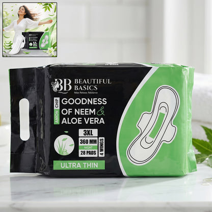 Wukusy Beautiful Basics Neem Aloe Vera Sanitary Pads 3XL Night 360mm, pack of 28, showing the packaging and pads for overnight protection.