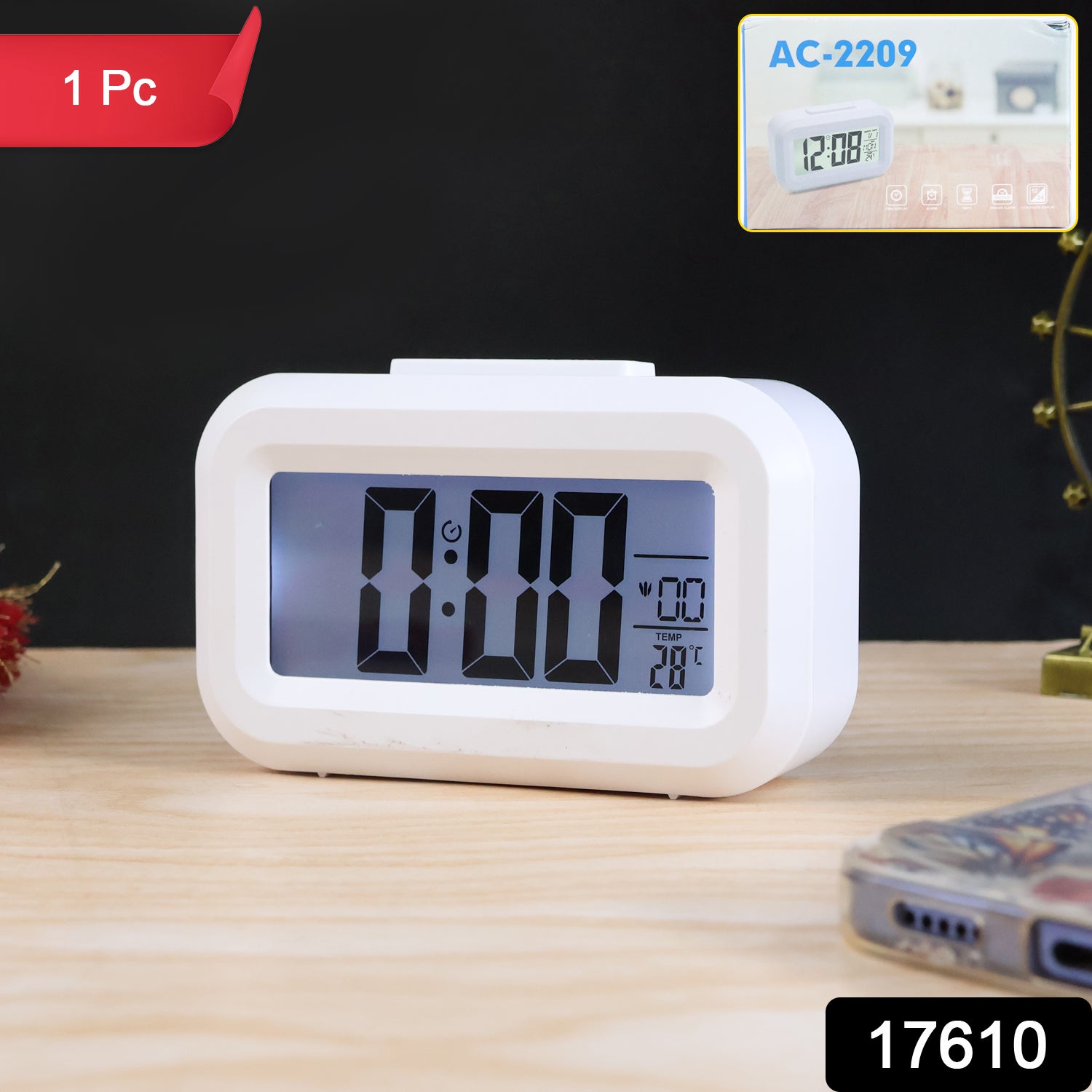 Modern digital LED alarm mini clock by Wukusy showing time display on a sleek home improvement device.