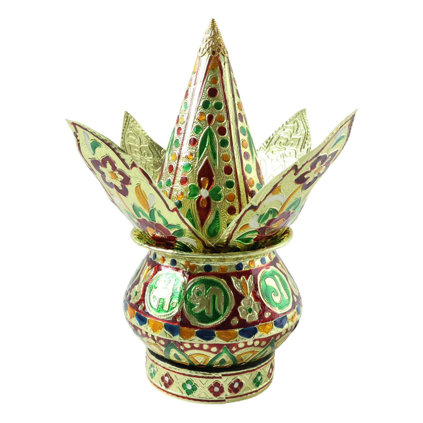 Traditional decorative Pooja Kalash set by Wukusy, featuring a brass vessel with intricate designs for religious rituals.