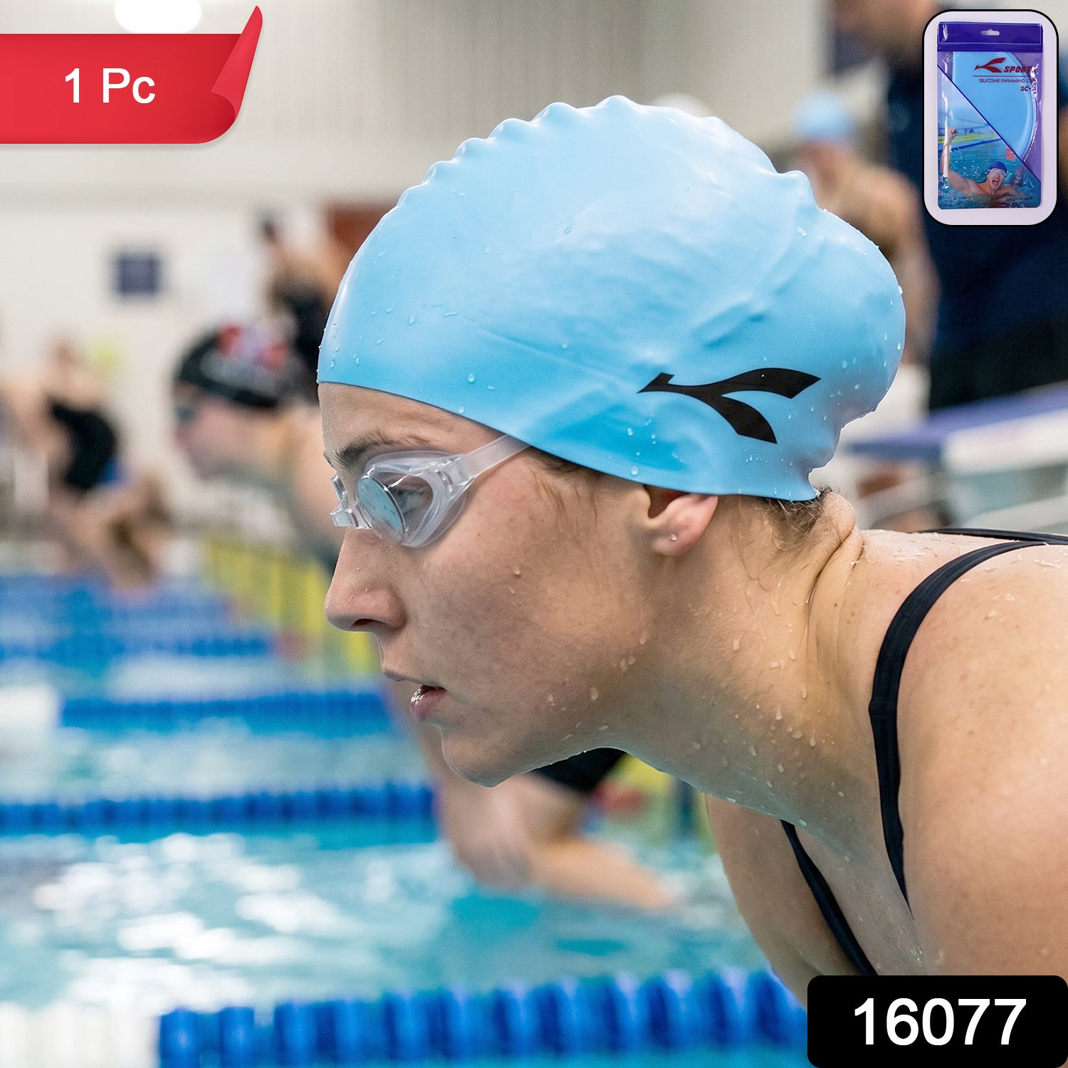 Stretchable waterproof silicone swimming cap by Wukusy, shown in black, designed for comfortable and secure fit during swimming.