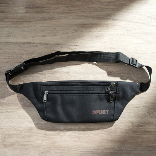 Black sports waist bag by Wukusy with adjustable strap and multiple compartments for convenient carrying during activities.