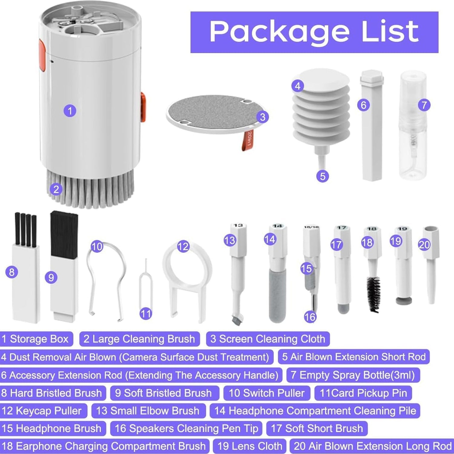 Wukusy 20-in-1 keyboard cleaner kit with electronic brush spray for laptops, phones, AirPods, iPads, iPhones, and camera cleaning.