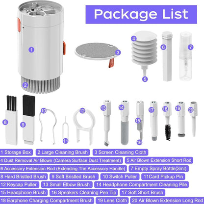 Wukusy 20-in-1 keyboard cleaner kit with electronic brush spray for laptops, phones, AirPods, iPads, iPhones, and camera cleaning.