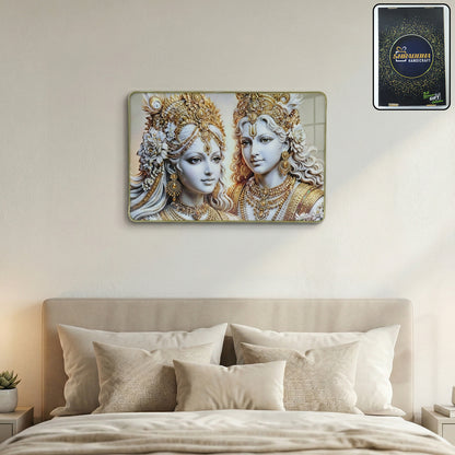 Elegant Radha Krishna golden finish wall art frame, 45x30 cm, featuring intricate traditional Indian design by Wukusy.
