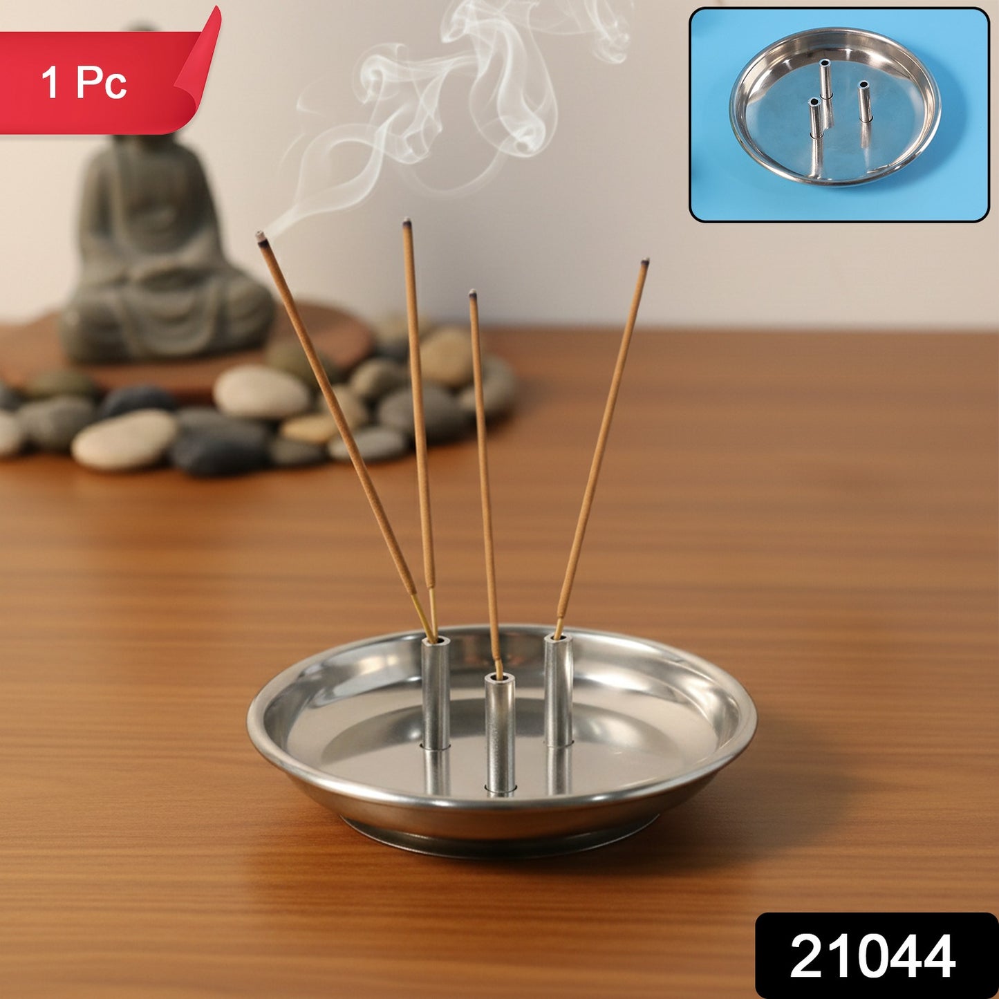 Stainless steel Lotus Agarbatti stand with triple stick holder by Wukusy, featuring a floral lotus design and space for three incense sticks.