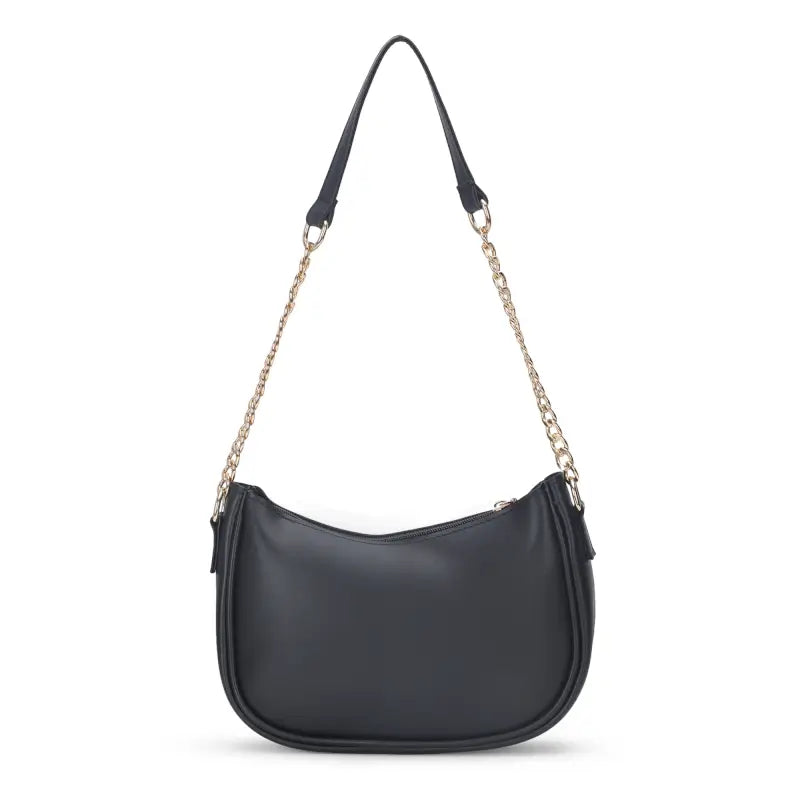 Small classic black vegan leather shoulder bag for women by Ekom, featuring a stylish chain strap and compact design.
