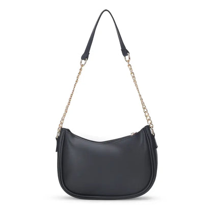 Small classic black vegan leather shoulder bag for women by Ekom, featuring a stylish chain strap and compact design.