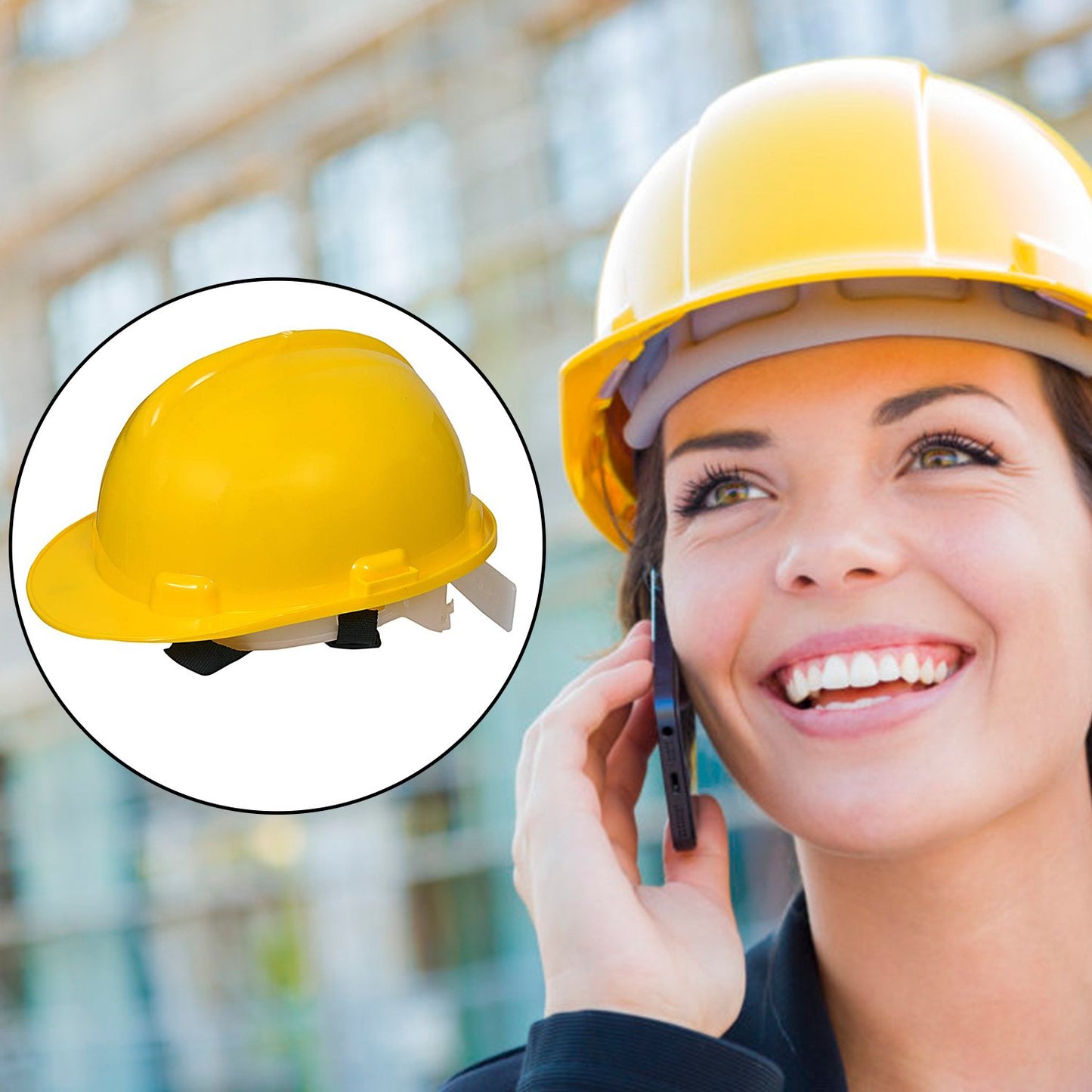 Yellow plastic hard hat construction cap by Wukusy, designed for safety on construction sites, shown from front view.